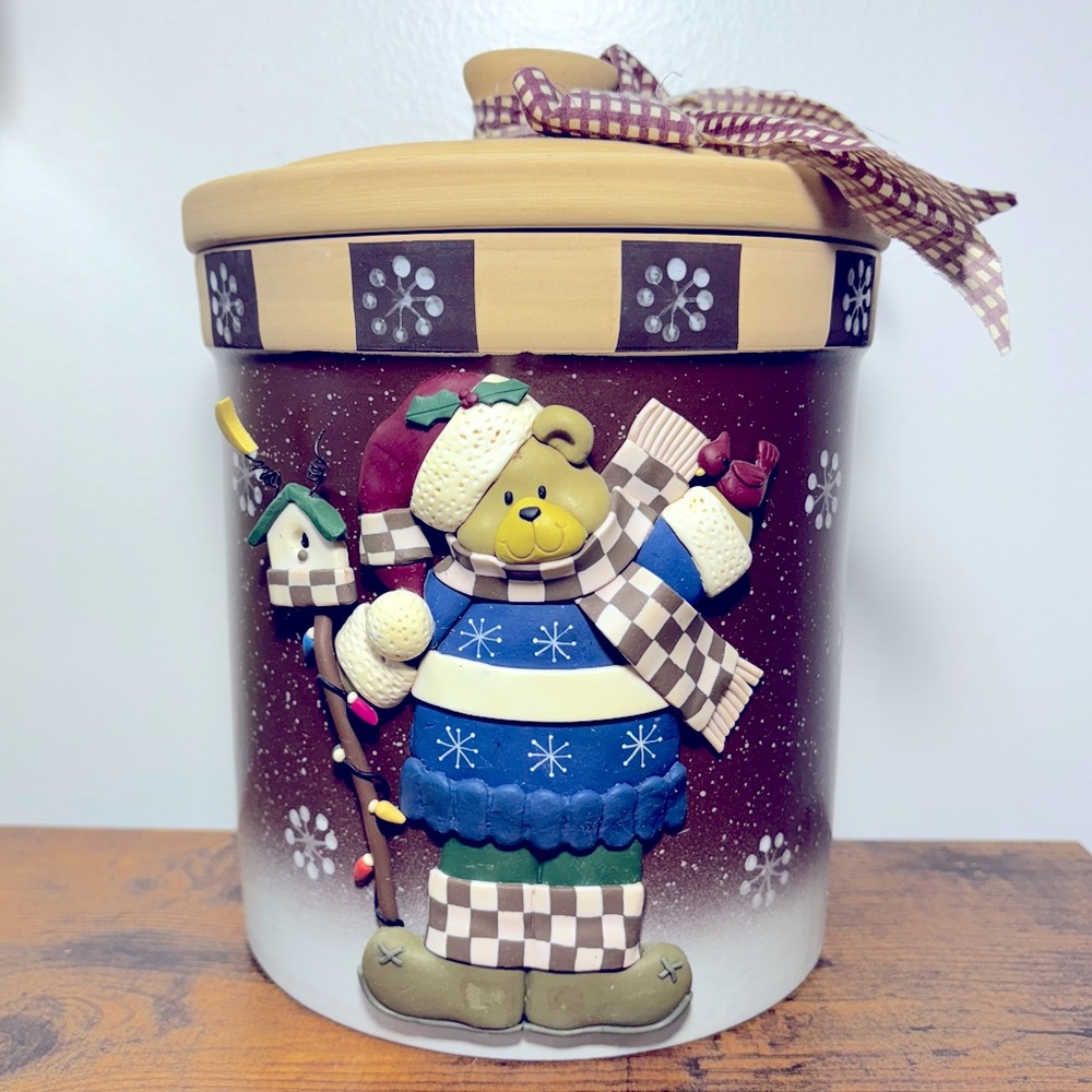 Vintage Holiday 3D Santa Hat Teddy Bear Stoneware Cookie Jar Christmas Winter